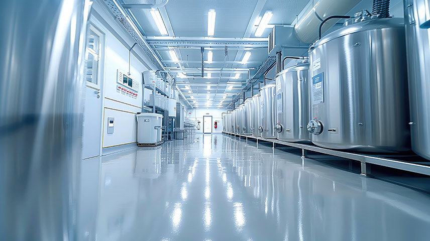 Modern factory interior, chemical drums. Generative AI.