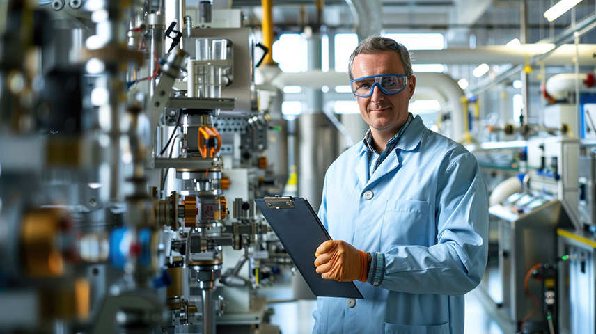 Man in protective gear holding a clipboard in an industrial laboratory.